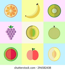A set of vector graphic(icons), orange, banana, kiwi, melon, grape, water melon, peach, strawberry with shadow and cross section(aspect, side) in the colorful background.