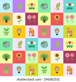 A set of vector graphic(icons) for pattern, flower, leaf, earth, tree, house, bulb, pot with shadow in the colorful background.