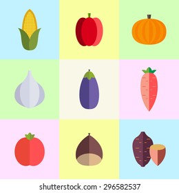 A set of vector graphic(icons), tomato, chestnut, sweet potato, garlic, eggplant, carrot, corn, pimento, pumpkin with shadow in the colorful background.