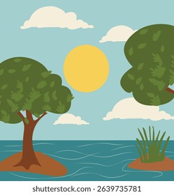 Set of vector graphics celebrating Summer Solstice. Features smiling suns, sunflowers, beach scenes, trees and relaxation elements. Ideal for seasonal greetings and social media.