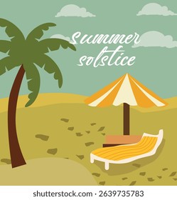 Set of vector graphics celebrating Summer Solstice. Features smiling suns, sunflowers, beach scenes, trees and relaxation elements. Ideal for seasonal greetings and social media.