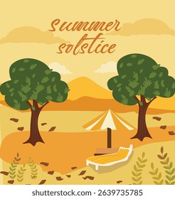 Set of vector graphics celebrating Summer Solstice. Features smiling suns, sunflowers, beach scenes, trees and relaxation elements. Ideal for seasonal greetings and social media.