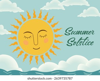 Set of vector graphics celebrating Summer Solstice. Features smiling suns, sunflowers, beach scenes, trees and relaxation elements. Ideal for seasonal greetings and social media.