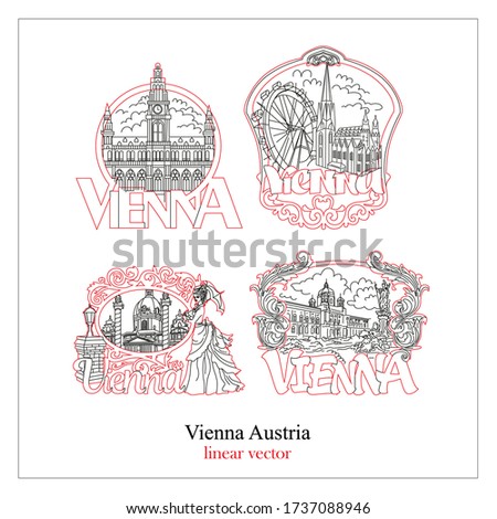 Set of vector graphics. City of Vienna. Austria. Souvenir magnet, sticker, emblem. An image of the architecture of the old city. The illustration is ideal for laser cutting.
