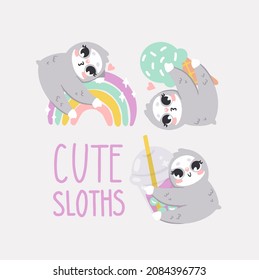 
set of vector graphics. Cute sloths, rainbow, ice cream and boba tea