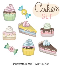 Set of vector graphics depicting cakes, candys and sweets with chocolate and butter cream.