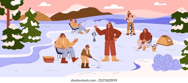 A set of vector graphics with family and friends sitting on the shore of a frozen lake and fishing with an ice axe and a fishing rod surrounded by snow and fir trees.