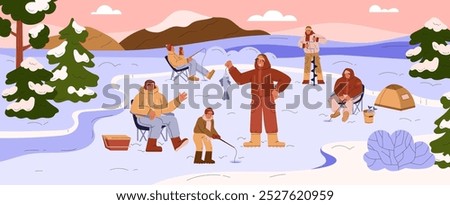 A set of vector graphics with family and friends sitting on the shore of a frozen lake and fishing with an ice axe and a fishing rod surrounded by snow and fir trees.