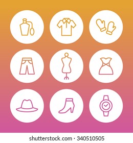 A set of vector graphics for fashion, accessary, perfume, shirts, glove, pants, trousers, mannequin, dress, hat, shoes, watch. 