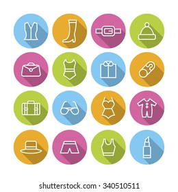 A set of vector graphics for fashion, accessary. bag, hat, trousers, clip, luggage, top, blouse, shoes, swimsuit, lipstick, glasses, belt, hat. 