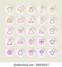 A set of vector graphics for fashion, accessary, dress, shirts, socks, ring, dress, camera, skirt, hanger, bag, button, mirror, crown, ribbon, shoes, hat, gift, necktie. 