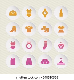 A set of vector graphics for fashion, accessary. shoes, trousers, dress, swimsuit, bag, bag, socks, pants, skirt, hanger, ring, watch, lipstick. 