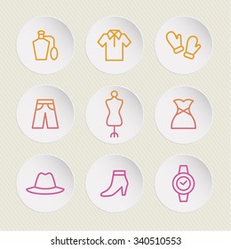 A set of vector graphics for fashion, accessary, perfume, shirts, glove, pants, trousers, mannequin, dress, hat, shoes, watch. 