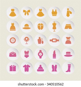 A set of vector graphics for fashion, accessary, dress, shirts, socks, ring, dress, camera, skirt, hanger, bag, button, mirror, crown, ribbon, shoes, hat, gift, necktie, perfume, mannequin. 