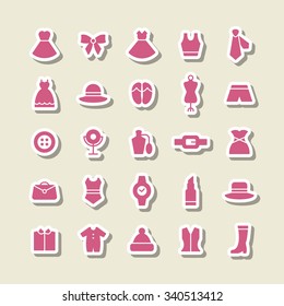 A set of vector graphics for fashion, accessary, dress, shirts, socks, ring, dress, camera, skirt, hanger, bag, button, mirror, crown, ribbon, shoes, hat, gift, necktie, perfume, mannequin. 