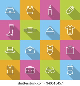 A set of vector graphics for fashion, accessary. bag, hat, trousers, clip, luggage, top, blouse, shoes, swimsuit, lipstick, glasses, belt, hat. 