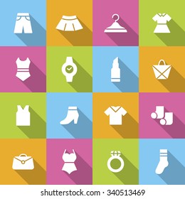 A set of vector graphics for fashion, accessary. shoes, trousers, dress, swimsuit, bag, bag, socks, pants, skirt, hanger, ring, watch, lipstick. 