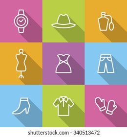 A set of vector graphics for fashion, accessary, perfume, shirts, glove, pants, trousers, mannequin, dress, hat, shoes, watch.