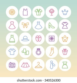 A set of vector graphics for fashion, accessary, dress, shirts, socks, ring, dress, camera, skirt, hanger, bag, button, mirror, crown, ribbon, shoes, hat, gift, necktie. 