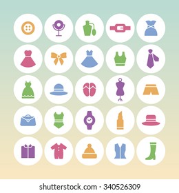 A set of vector graphics for fashion, accessary, dress, shirts, socks, ring, dress, camera, skirt, hanger, bag, button, mirror, crown, ribbon, shoes, hat, gift, necktie, perfume.