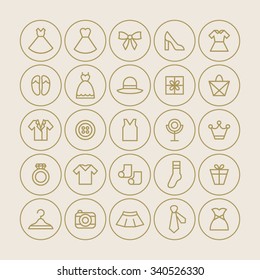 A set of vector graphics for fashion, accessary, dress, shirts, socks, ring, dress, camera, skirt, hanger, bag, button, mirror, crown, ribbon, shoes, hat, gift, necktie. 