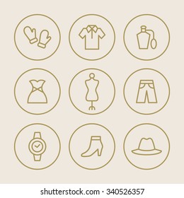 A set of vector graphics for fashion, accessary, perfume, shirts, glove, pants, trousers, mannequin, dress, hat, shoes, watch. 