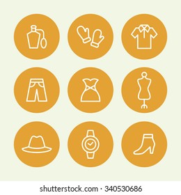 A set of vector graphics for fashion, accessary, perfume, shirts, glove, pants, trousers, mannequin, dress, hat, shoes, watch. 