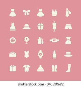 A set of vector graphics for fashion, accessary, dress, shirts, socks, ring, dress, camera, skirt, hanger, bag, button, mirror, crown, ribbon, shoes, hat, gift, necktie, perfume, 