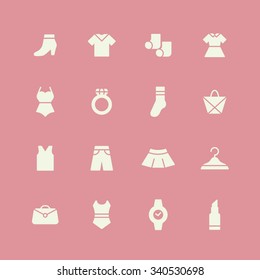 A set of vector graphics for fashion, accessary. shoes, trousers, dress, swimsuit, bag, bag, socks, pants, skirt, hanger, ring, watch, lipstick. 