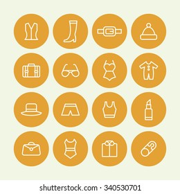 A set of vector graphics for fashion, accessary. bag, hat, trousers, clip, luggage, top, blouse, shoes, swimsuit, lipstick, glasses, belt, hat. 
