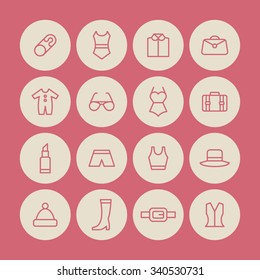 A set of vector graphics for fashion, accessary. bag, hat, trousers, clip, luggage, top, blouse, shoes, swimsuit, lipstick, glasses, belt, hat. 