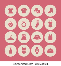 A set of vector graphics for fashion, accessary. shoes, trousers, dress, swimsuit, bag, bag, socks, pants, skirt, hanger, ring, watch, lipstick. 