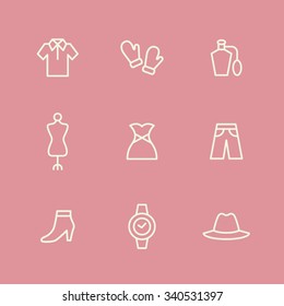 A set of vector graphics for fashion, accessary, perfume, shirts, glove, pants, trousers, mannequin, dress, hat, shoes, watch. 