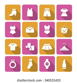 A set of vector graphics for fashion, accessary. shoes, trousers, dress, swimsuit, bag, bag, socks, pants, skirt, hanger, ring, watch, lipstick. 