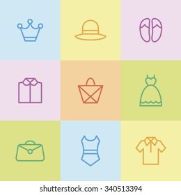 A set of vector graphics for fashion, accessory, clothes. dress, shirts, shoe, hat, bag, crown, swimsuit, gift.