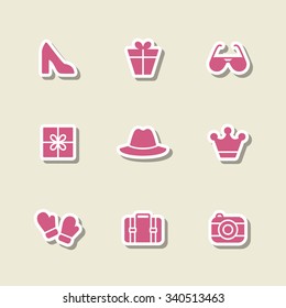 A set of vector graphics for fashion, accessory, clothes. shoes, gift, glasses, gift, hat, crown, glove, luggage, camera.