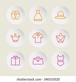A set of vector graphics for fashion, clothes. dress, shirts, shoe, hat, bag, crown, swimsuit, gift.