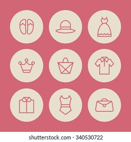 A set of vector graphics for fashion, clothes. dress, shirts, shoe, hat, bag, crown, swimsuit, gift.