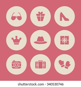 A set of vector graphics for fashion, shoes, gift, glasses, glove, crown, hat, bag, camera, luggage.