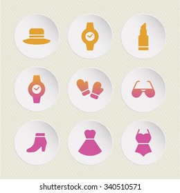 A set of vector graphics for fashion, watch, glove, hat, lipstick, dress, glasses, swimsuit.