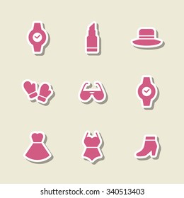 A set of vector graphics for fashion, watch, glove, hat, lipstick, dress, glasses, swimsuit.