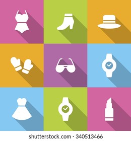 A set of vector graphics for fashion, watch, glove, hat, lipstick, dress, glasses, swimsuit.
