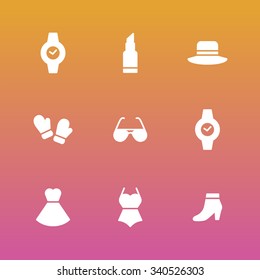 A set of vector graphics for fashion, watch, glove, hat, lipstick, dress, glasses, swimsuit.