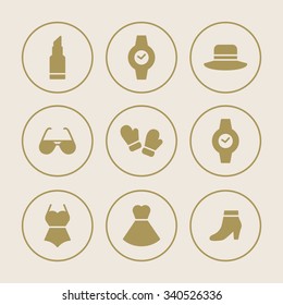 A set of vector graphics for fashion, watch, glove, hat, lipstick, dress, glasses, swimsuit.