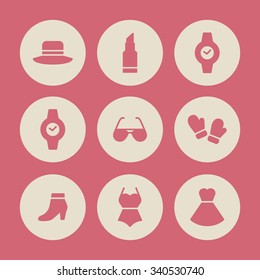 A set of vector graphics for fashion, watch, glove, hat, lipstick, dress, glasses, swimsuit.