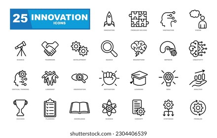 A set of vector graphics on the theme of innovation, showcasing various elements such as lightbulbs, gears, circuit boards, and futuristic technology. Perfect for a website or infographic