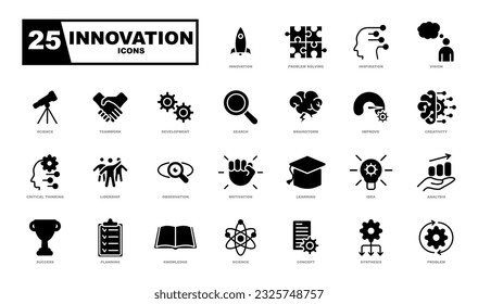 A set of vector graphics on the theme of innovation, showcasing various elements such as lightbulbs, gears, circuit boards, and futuristic technology. Perfect for a website or infographic