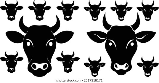 Um conjunto de gráficos vetoriais, várias formas e estilos de cabeças de vaca pretas com diferentes padrões em um design de fundo branco,