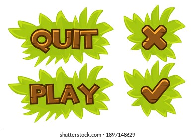 Set of vector grass buttons play and quit. Isolated icons check mark and cross for games.