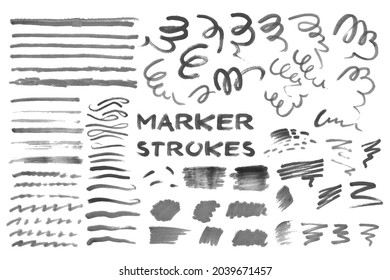 Set of vector grayscale marker, felt pen strokes. Monochrome hand drawing design element for posters, logos, brushes, advertising, templates, patterns, banners, icons. White isolated background. 